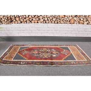 Turkish Vintage Rug, 1.6x3.4 ft Small Rug, <b>Red</b> Gray Moroccan <b>Wool</b> Rug - Product Image 1