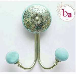 Perillas de cerámica de filigrana de latón antiguo, perilla de hierro pintada a mano montada en la pared con perchero multifunción de diseño rústico - Product Image 1