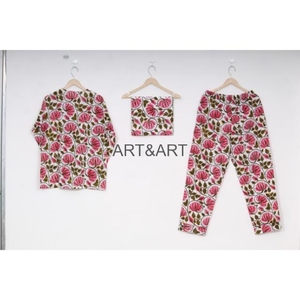 Vente en gros 100% coton ensemble de pyjama court imprimé main bloc vêtements de nuit indiens pour l'été printemps vêtements de nuit costume de nuit pyjama robe - Product Image 3
