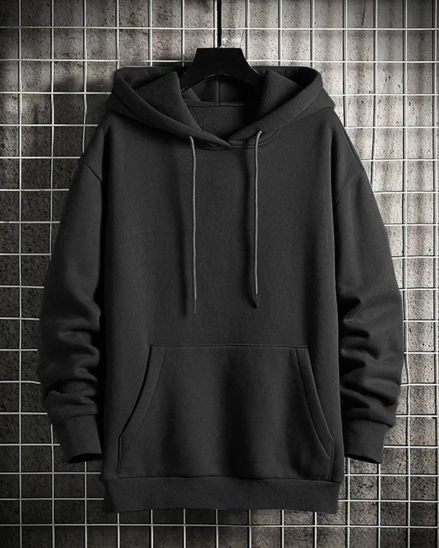 Sweats à capuche unis en poly coton noir pour hommes avec poche kangourou et bas avec côtes