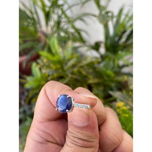 925 <b>Silver</b> Natural Blue Sapphire Statement <b>Ring</b> <b>Boho</b> Style Engagement Fine Jewelry with Oval Cut Topaz and Oyster Cut Diamond - Product Image 3