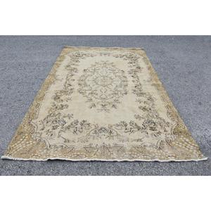 Vintage Rug, 6.4x9.9 ft Large Rug, Beige <b>Brown</b> <b>Wool</b> Rug - Product Image 1