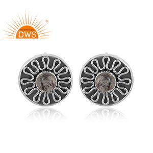 Boucles d'oreilles clous en argent sterling oxydé avec pierre précieuse naturelle Tanzanite, motif floral, fabricant de bijoux personnalisés - Product Image 2