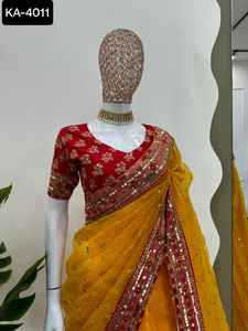 Saree en soie d'organza lourd de port de festival de mariage indien avec Sequnce avec le travail de fil et le chemisier de travail de Sequnce de soie de Mono Benglori - Product Image 6