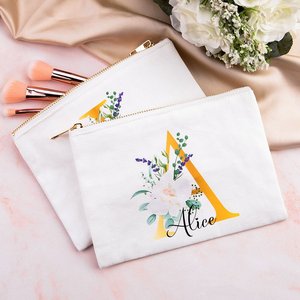 Personalized Large Capacity <b>Makeup</b> Organizer Bag Cosmetic <b>Case</b> with Initial & Flower Pattern Zipper Closure - Product Image 1