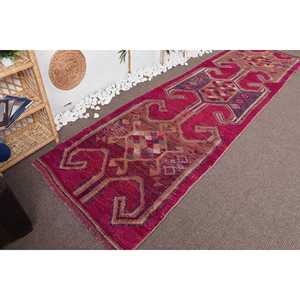 3.3x11.2 ft Vintage Herki Rug, Turkish Rug, <b>Red</b> Camouflage <b>Wool</b> Rug - Product Image 4