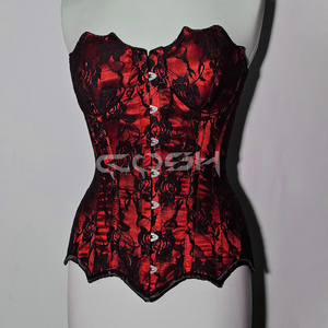 Corsé de moda victoriano elegante con escote corazón, con varillas de acero y superposición de encaje floral negro - Product Image 1
