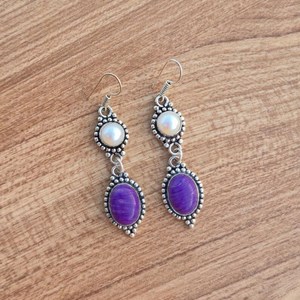Charoite & <b>Pearl</b> Multi-Stone <b>Earrings</b> 925 <b>Silver</b> Plated Ear Wire Crystal Dangle <b>Earrings</b> Handmade Boho Jewelry Gift for Her - Product Image 4