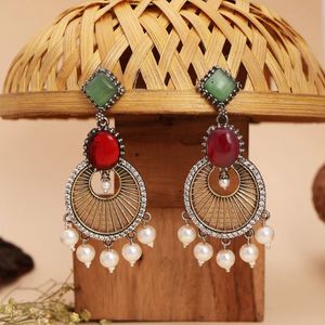 Royal Radiance Two-Tone <b>Earrings</b> With AD Work Green <b>Red</b> Stones Pearl <b>Drops</b> Fashion Jewelry - Product Image 1