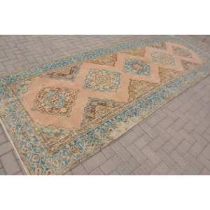 Alfombra turca vintage clásica, beige, azul, 4,8x12,5 pies, diseño de retazos de lana para sala de estar, pasillo, dormitorio de adolescentes, respaldo de látex - Product Image 2