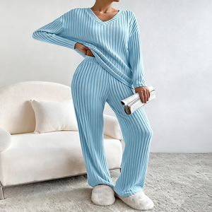 PASUXI Set Loungewear da Donna all'Ingrosso, Elegante Pigiama <span class=keywords><strong>in</strong></span> Maglia <span class=keywords><strong>con</strong></span> Scollo a V, <span class=keywords><strong>Pantaloni</strong></span> a Gamba Larga, Completo Due Pezzi Chic per Casa e Notte - Product Image 3