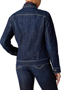 Chaqueta vaquera desgastada con detalle de solapa de retazos de bloque de color azul oscuro para mujer al por mayor hecha en Pakistán - Product Image 3