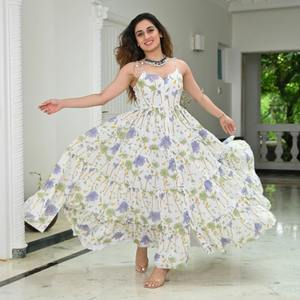 Indian Handmade Cotton Floral Printed <b>Long</b> <b>Dress</b> Stylish <b>Woman's</b> Party Wear Natural Waistline Woven Personalized Bride Gift Sale - Product Image 4