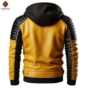 Chaqueta con Capucha de Cuero Amarillo para Hombre, Chaqueta de Motociclista de Cuero Negra y Amarilla, Chaqueta de Cuero Amarillo Estilo Vintage - Product Image 2
