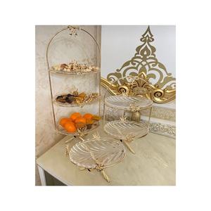 Ensemble de présentation alimentaire en verre à trois couches en laiton doré avec 3 plateaux de service en verre à deux couches et simples fabriqués en Turquie - Product Image 1