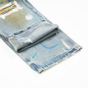 Haut de gamme hommes 100% coton jambe droite jean léger nouveau Style de rue américain Ruffian trous peints taille moyenne jambe large - Product Image 6