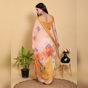 ผ้าซารีผ้าลินินผสมฝ้ายลายดอกไม้สีพีชทองแบบนามธรรม ลดราคาพิเศษ สำหรับงานเทศกาล รุ่น GG-621 พื้นผ้าเรืองแสง พร้อมคำอธิบายและดีไซน์ที่เป็นศิลปะ - Product Image 5