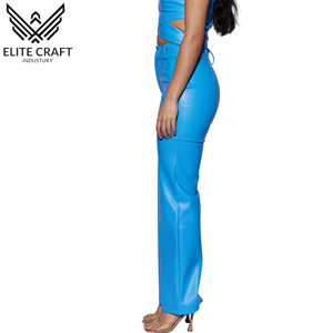 Haute qualité personnalisé femmes taille moyenne Pu pantalon bouton Style décontracté plat avant solide respirant imperméable hiver mode - Product Image 4