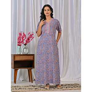 Vestido de Dormir 100% Algodón con Estampado Jaal Hecho a Mano, Camisón Suave Tejido con Diseño Floral y Botones, ODM 3XL para Damas de Honor - Product Image 5