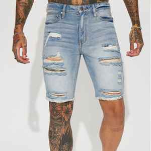 Shorts en jean délavé pour hommes avec ourlet brut, détails déchirés, lavage vintage et coupe décontractée pour le streetwear et l'été - Product Image 6