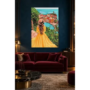 Fida Girl in Yellow Dress and Colorful Seaside Town Impression sur toile - Product Image 4