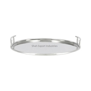 Nickle Plated Metal Food Serving <b>Tray</b> With Handle Round Shape for Home and <b>Snacks</b> Tabletop Food & Drinks Serving <b>Trays</b> - Product Image 2