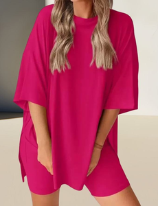 Ensemble confortable d'été-T-shirt et short de couleur unie à coupe ample pour femmes-Ensemble 2 pièces - Product Image 6