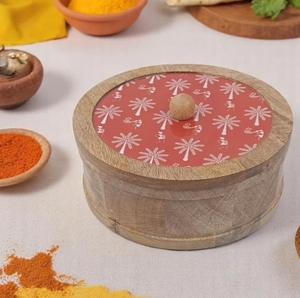 Fabriqué à la main marron Warli imprimé couvercle manguier bois Chapati boîte magasin boîte chauffe-casserole cuisine décor à la maison rond Roti Dabba - Product Image 3