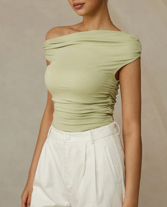 เสื้อยืดคอเฉียงไหล่เดียวสำหรับผู้หญิง ระบายอากาศได้ดี ปักลาย แต่งขอบยางยืด สไตล์ Y2K เสื้อแขนกุดลำลองสำหรับผู้หญิง - Product Image 2