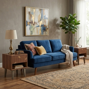 Table de chevet en bois massif avec tiroir incrusté de feuilles, rangement ouvert, style mi-siècle, table d'appoint avec pieds coniques pour chambre à coucher - Product Image 6