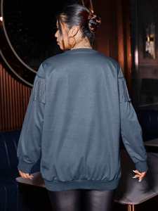 Sudadera verde azulado de gran tamaño con detalle de flecos de diamantes de imitación Jersey de inspiración occidental Ropa de calle adornada de manga larga - Product Image 2