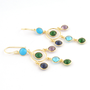 ต่างหูอัญมณีทรงกลมหลากสีต่างหูควอตซ์ประดับพลอยคาลซิโดนี่ต่างหูทองเหลืองชุบทองต่างหูคู่แบบยาว - Product Image 2