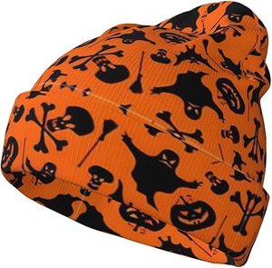 Gorro de Punto con Estampado de Halloween, Gorros Cálidos de Invierno para Mujer, Gorro Unisex Elegante sin Visera con Dobladillo, Negro, para Viajes - Product Image 1