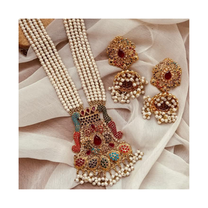 Bijoux indiens sur mesure pour femmes Collier à la mode avec boucles d'oreilles Jhumki Plaqué or antique pour mariage, fête et cadeaux - Product Image 1