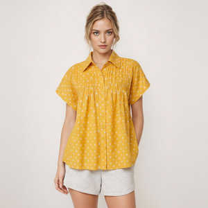 Blusa Casual Holgada de Algodón Dobby con Pliegues, Logotipo Bordado, Botones, Estilo Moderno para Uso Diario, Tejida, Larga o Corta, Temporada de Primavera, Tallas XS-XL - Product Image 1