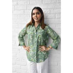Camisa de Popelina de Algodón con Estampado Floral Verde y Blanco para Mujer, Informal, Manga 3/4, para Uso Diario en Primavera/Verano - Product Image 6