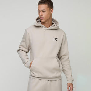 Sudadera con Capucha para Hombre, Estilo Casual, Cálida, de Forro Polar Beige Sólido, con Bolsillos, Ajuste Holgado, de Poliéster y Algodón, para Invierno - Product Image 1