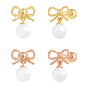 Artpierce của phụ nữ hợp thời trang 14k rắn vàng khung Ribbon ngọc trai Stud Bông tai vàng & Rose Gold cho hàng ngày & bên mặc - Product Image 1