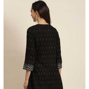 Kurti court en rayonne à imprimé géométrique pour femmes - Noir Tailles XS-8XL - Product Image 5