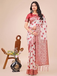 Opulento Festivo Lichi Lino Saree Colección Intrincado Zari Trabajo Rico Motivos tradicionales Moderno Invierno Verano Fiesta Desgaste Sol - Product Image 4
