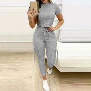 Nueva ropa deportiva para mujer, conjunto a juego con cordón de bolsillo, ajustado Multicolor Top corto, pantalones de tubo, traje de mujer, ropa de descanso de verano, trajes - Product Image 4