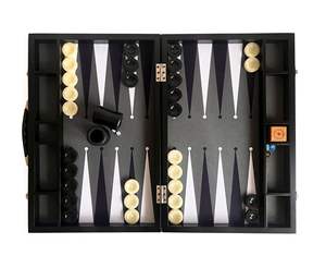 Luxury Handmade Tournament Size <b>Backgammon</b> <b>Set</b> Gray Fabric Ground Leather Case 22x29 Inch (57x75cm) with <b>Wooden</b> Doubling Cube - Product Image 1