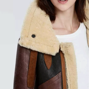 Vente chaude Haute Qualité Respirant En Cuir Véritable Femmes Zip-Up Marron/Noir Shearling Fourrure Bomber Veste pour Les Motocyclistes - Product Image 6