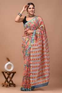 Sari en soie Chanderi pure imprimé à la main avec pièce de blouse – Sari élégant en soie Chanderi pure – Vêtement ethnique imprimé à la main - Product Image 3