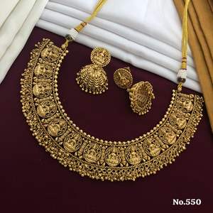 Ensemble de collier en or antique de style temple avec des motifs d'éléphant et de déesse, bijoux de mariée traditionnels pour les mariages et les festivals - Product Image 5