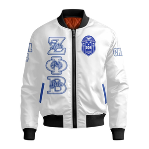 Giacca in Raso Zeta Phi Beta 1920 da Donna Blu e Bianca con Ricamo dello Scudo ZPB Abbigliamento Greco Premium Look Classico Varsity - Product Image 1
