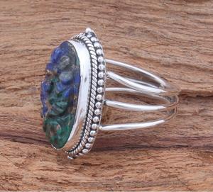 Lapis Lazuli and <b>Malachite</b> Copper Gemstone Ring Hand Engraved Oval Carved Design Solid Sterling Silver Statement <b>Jewelry</b> - Product Image 3
