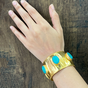 Ngọc lam đá quý rộng <span class=keywords><strong>Cuff</strong></span> Vòng đeo tay phát sáng 18K vàng mạ có thể điều chỉnh vòng đeo tay tuyên bố <span class=keywords><strong>Cuff</strong></span> lớn hình bầu dục mịn làm bằng tay - Product Image 4