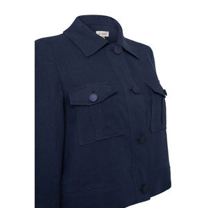Veste utilitaire en lin bleu marine pour femmes - Grande taille, broderie en cuir, printemps et automne - Product Image 2