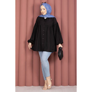 Tuniques en tricot noires à manches bouffantes et froncées pour femmes - Product Image 3